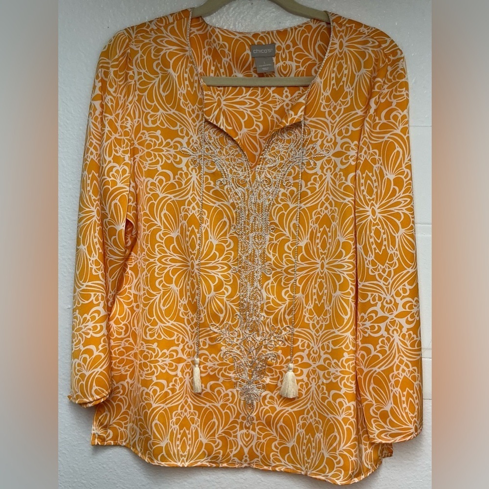 Chico's Endless Medallion Embroidered Tassel Tunic Peasant Top ‘Orange Size 1